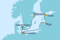 Visitando Copenhague (Dinamarca), Warnemunde (Alemania), Riga (Letonia), Tallin (Estonia), Estocolmo (Suecia), Copenhague (Dinamarca)