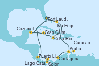 Visitando Fort Lauderdale (Florida/EEUU), Isla Pequeña (San Salvador/Bahamas), Aruba (Antillas), Curacao (Antillas), Cartagena de Indias (Colombia), Lago Gatun (Panamá), Colón (Panamá), Puerto Limón (Costa Rica), Fort Lauderdale (Florida/EEUU), Isla Pequeña (San Salvador/Bahamas), Ocho Ríos (Jamaica), Gran Caimán (Islas Caimán), Cozumel (México), Fort Lauderdale (Florida/EEUU)