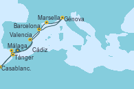 Visitando Málaga, Tánger (Marruecos), Casablanca (Marruecos), Cádiz (España), Valencia, Barcelona, Génova (Italia), Marsella (Francia), Málaga