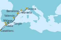 Visitando Málaga, Cádiz (España), Tánger (Marruecos), Casablanca (Marruecos), Valencia, Barcelona, Savona (Italia), Marsella (Francia), Málaga