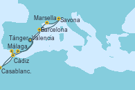Visitando Valencia, Barcelona, Savona (Italia), Marsella (Francia), Málaga, Cádiz (España), Tánger (Marruecos), Casablanca (Marruecos), Valencia