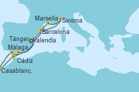 Visitando Valencia, Barcelona, Savona (Italia), Marsella (Francia), Málaga, Cádiz (España), Casablanca (Marruecos), Tánger (Marruecos), Valencia