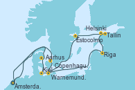 Visitando Ámsterdam (Holanda), Copenhague (Dinamarca), Warnemunde (Alemania), Riga (Letonia), Tallin (Estonia), Helsinki (Finlandia), Estocolmo (Suecia), Estocolmo (Suecia), Kiel (Alemania), Aarhus (Dinamarca), Ámsterdam (Holanda)