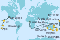 Visitando San Diego (California/EEUU), Honolulu (Hawai), Lahaina  (Hawai), Hilo (Hawai), Isla Fanning (Tabuaeran/Australia), Pago Pago (Samoa), Apia (Samoa), Suva (Fiyi), Lautoka (Fiyi), Puerto Vila (Vanuatu), Nouméa (Nueva Caledonia), Brisbane (Australia), AIRLIE BEACH, Townsville, Cairns (Australia), Limbe, Darwin (Australia), Islas Komodo (Indonesia), Broome (Australia), Exmouth (Australia), Geraldton (Australia), Perth (Australia), Perth (Australia), Albany (Australia), Port Lincoln (Australia), Isla Canguro (Australia), Adelaide (Australia), Melbourne (Australia), Port Arthur (Tasmania/Australia), Hobart (Australia), Sydney (Australia), Sydney (Australia), Milfjord Sound (Nueva Zelanda), Port Chalmers (Nueva Zelanda), Akaroa (Nueva Zelanda), Wellington (Nueva Zelanda), Napier (Nueva Zelanda), Tauranga (Nueva Zelanda), Auckland (Nueva Zelanda), Auckland (Nueva Zelanda), Nukualofa (Tongatapu), Alta (Noruega), Rarotonga (Islas Cook), Bora Bora (Polinesia), BAHIA D' OPUNOHA, MOOREA, Huahine (Islas de la Sociedad), Papeete (Tahití), Papeete (Tahití), Fakarava (Polinesia Francesa), Nuku Hiva (Polinesia Francesa), San Diego (California/EEUU)