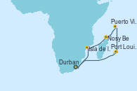 Visitando Durban (Sudáfrica), Isla de los Portugueses (Mozambique), Nosy Be (Madagascar), Puerto Victoria (Seychelles), Puerto Victoria (Seychelles), Port Louis  (Mauricio), Durban (Sudáfrica)