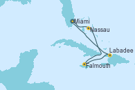 Visitando Miami (Florida/EEUU), Nassau (Bahamas), Falmouth (Jamaica), Labadee (Haiti), Miami (Florida/EEUU)