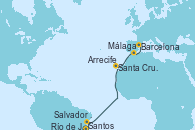 Visitando Santos (Brasil), Río de Janeiro (Brasil), Salvador de Bahía (Brasil), Santa Cruz de Tenerife (España), Arrecife (Lanzarote/España), Málaga, Barcelona