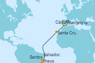 Visitando Barcelona, Cádiz (España), Santa Cruz de Tenerife (España), Salvador de Bahía (Brasil), Ilheus (Brasil), Santos (Brasil)