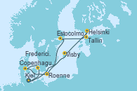 Visitando Kiel (Alemania), Copenhague (Dinamarca), Fredericia (Dinamarca), Roenne (Dinamarca), Visby (Suecia), Helsinki (Finlandia), Tallin (Estonia), Tallin (Estonia), Estocolmo (Suecia), Kiel (Alemania)
