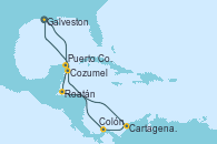 Visitando Galveston (Texas), Puerto Costa Maya (México), Roatán (Honduras), Cartagena de Indias (Colombia), Colón (Panamá), Cozumel (México), Galveston (Texas)