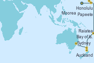 Visitando Honolulu (Hawai), Papeete (Tahití), Moorea (Tahití), Raiatea (Polinesia Francesa), Auckland (Nueva Zelanda), Bay of Islands (Nueva Zelanda), Sydney (Australia)