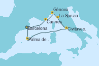 Visitando Barcelona,Cannes (Francia),Génova (Italia),La Spezia, Florencia y Pisa (Italia),Civitavecchia (Roma),Navegación,Palma de Mallorca (España),Barcelona