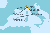 Visitando Génova (Italia), La Spezia, Florencia y Pisa (Italia), Civitavecchia (Roma), Palma de Mallorca (España), Barcelona, Cannes (Francia), Génova (Italia)