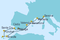Visitando Málaga, Barcelona, Marsella (Francia), Savona (Italia), Valencia, Arrecife (Lanzarote/España), Santa Cruz de Tenerife (España), Funchal (Madeira), Cádiz (España), Málaga