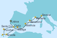 Visitando Lisboa (Portugal), Cádiz (España), Barcelona, Marsella (Francia), Savona (Italia), Valencia, Arrecife (Lanzarote/España), Santa Cruz de Tenerife (España), Funchal (Madeira), Cádiz (España), Málaga