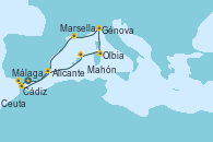 Visitando Málaga, Cádiz (España), Ceuta (España), Alicante (España), Mahón (Menorca/España), Olbia (Cerdeña), Génova (Italia), Marsella (Francia), Málaga