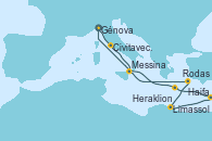 Visitando Génova (Italia), Civitavecchia (Roma), Messina (Sicilia), Rodas (Grecia), Limassol (Chipre), Haifa (Israel), Heraklion (Creta), Génova (Italia)