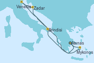 Visitando Atenas (Grecia), Zadar (Croacia), Venecia (Italia), Brindisi (Italia), Mykonos (Grecia), Atenas (Grecia)