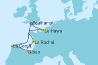 Visitando Southampton (Inglaterra), La Rochelle (Francia), Bilbao (España), La Coruña (Galicia/España), Le Havre (Francia), Southampton (Inglaterra)