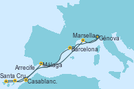 Visitando Génova (Italia), Barcelona, Casablanca (Marruecos), Santa Cruz de Tenerife (España), Arrecife (Lanzarote/España), Málaga, Marsella (Francia), Génova (Italia)