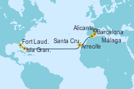 Visitando Barcelona, Alicante (España), Málaga, Arrecife (Lanzarote/España), Santa Cruz de Tenerife (España), Isla Gran Bahama (Florida/EEUU), Fort Lauderdale (Florida/EEUU)