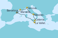 Visitando Barcelona, La Valletta (Malta), Catania (Sicilia), Nápoles (Italia), Génova (Italia), Marsella (Francia), Barcelona