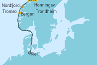 Visitando Kiel (Alemania), Bergen (Noruega), Honningsvag (Noruega), Honningsvag (Noruega), Tromso (Noruega), Trondheim (Noruega), Nordfjordeid, Kiel (Alemania)