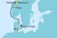 Visitando Copenhague (Dinamarca), Hellesylt (Noruega), Aalesund (Noruega), Flam (Noruega), Kiel (Alemania), Copenhague (Dinamarca)