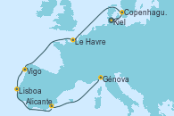 Visitando Kiel (Alemania), Copenhague (Dinamarca), Le Havre (Francia), Vigo (España), Lisboa (Portugal), Alicante (España), Génova (Italia)