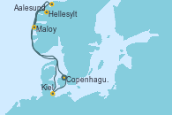 Visitando Copenhague (Dinamarca), Hellesylt (Noruega), Maloy (Noruega), Aalesund (Noruega), Kiel (Alemania), Copenhague (Dinamarca)