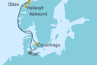 Visitando Kiel (Alemania), Copenhague (Dinamarca), Hellesylt (Noruega), Aalesund (Noruega), Olden (Noruega), Kiel (Alemania)