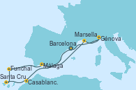 Visitando Barcelona, Casablanca (Marruecos), Santa Cruz de Tenerife (España), Funchal (Madeira), Málaga, Marsella (Francia), Génova (Italia), Barcelona
