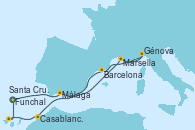 Visitando Funchal (Madeira), Málaga, Marsella (Francia), Génova (Italia), Barcelona, Casablanca (Marruecos), Santa Cruz de Tenerife (España), Funchal (Madeira)