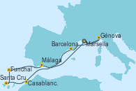 Visitando Marsella (Francia), Génova (Italia), Barcelona, Casablanca (Marruecos), Santa Cruz de Tenerife (España), Funchal (Madeira), Málaga, Marsella (Francia)