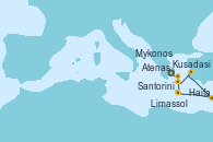 Visitando Atenas (Grecia), Santorini (Grecia), Kusadasi (Efeso/Turquía), Haifa (Israel), Limassol (Chipre), Mykonos (Grecia), Mykonos (Grecia)