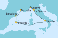 Visitando Génova (Italia), La Spezia, Florencia y Pisa (Italia), Nápoles (Italia), Palma de Mallorca (España), Barcelona, Marsella (Francia)