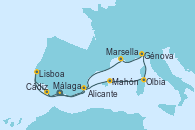 Visitando Málaga, Cádiz (España), Lisboa (Portugal), Alicante (España), Mahón (Menorca/España), Olbia (Cerdeña), Génova (Italia), Marsella (Francia), Málaga