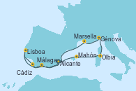 Visitando Alicante (España), Mahón (Menorca/España), Olbia (Cerdeña), Génova (Italia), Marsella (Francia), Málaga, Cádiz (España), Lisboa (Portugal), Alicante (España)