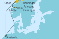 Visitando Ámsterdam (Holanda), Geiranger (Noruega), Honningsvag (Noruega), Honningsvag (Noruega), Aalesund (Noruega), Flam (Noruega), Olden (Noruega), Molde (Noruega), Ámsterdam (Holanda)