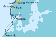 Visitando Ámsterdam (Holanda), Geiranger (Noruega), Molde (Noruega), Honningsvag (Noruega), Tromso (Noruega), Flam (Noruega), Stavanger (Noruega), Kristiansand (Noruega), Ámsterdam (Holanda)