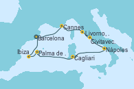 Visitando Barcelona, Cannes (Francia), Livorno, Pisa y Florencia (Italia), Livorno, Pisa y Florencia (Italia), Civitavecchia (Roma), Nápoles (Italia), Cagliari (Cerdeña), Palma de Mallorca (España), Ibiza (España), Barcelona