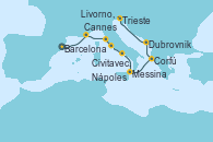 Visitando Barcelona, Cannes (Francia), Livorno, Pisa y Florencia (Italia), Civitavecchia (Roma), Nápoles (Italia), Messina (Sicilia), Corfú (Grecia), Dubrovnik (Croacia), Trieste (Italia)