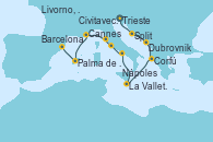 Visitando Trieste (Italia), Split (Croacia), Dubrovnik (Croacia), Corfú (Grecia), La Valletta (Malta), Nápoles (Italia), Civitavecchia (Roma), Livorno, Pisa y Florencia (Italia), Cannes (Francia), Palma de Mallorca (España), Barcelona