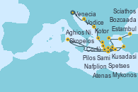 Visitando Venecia (Italia), Vodice (Croacia), Kotor (Montenegro), Corfú (Grecia), Sami (Cefalonia/Grecia), Pilos (Grecia), Nafplion (Grecia), Atenas (Grecia), Spetses (Grecia), Aghios Nikolaos (Grecia), Kusadasi (Efeso/Turquía), Mykonos (Grecia), Skopelos (Grecia), Scíathos (Grecia), Bozcaada (Turquía), Estambul (Turquía)
