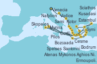 Visitando Venecia (Italia), Vodice (Croacia), Kotor (Montenegro), Corfú (Grecia), Sami (Cefalonia/Grecia), Pilos (Grecia), Nafplion (Grecia), Atenas (Grecia), Spetses (Grecia), Aghios Nikolaos (Grecia), Kusadasi (Efeso/Turquía), Mykonos (Grecia), Skopelos (Grecia), Scíathos (Grecia), Bozcaada (Turquía), Estambul (Turquía), Myrina (Grecia), Cesme (Turquía), Bodrum (Turquia), Symi (Grecia), Santorini (Grecia), Ermoupolis (Islas Cícladas/Grecia), Atenas (Grecia)