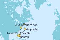 Visitando Nueva York (Estados Unidos), Norfolk (Virginia/EEUU), Puerto Cañaveral (Florida), Nassau (Bahamas), Great Stirrup Cay (Bahamas), Kings Wharf (Bermudas), Kings Wharf (Bermudas), Nueva York (Estados Unidos)