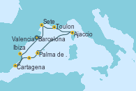 Visitando Barcelona, Sete (Francia), Toulon (Francia), Ajaccio (Córcega), Palma de Mallorca (España), Ibiza (España), Cartagena (Murcia), Valencia, Barcelona