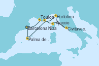 Visitando Barcelona, Toulon (Francia), Niza (Francia), Ajaccio (Córcega), Civitavecchia (Roma), Portofino (Italia), Palma de Mallorca (España), Barcelona