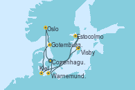 Visitando Copenhague (Dinamarca), Oslo (Noruega), Gotemburgo (Suecia), Kiel (Alemania), Visby (Suecia), Estocolmo (Suecia), Estocolmo (Suecia), Warnemunde (Alemania), Copenhague (Dinamarca), Copenhague (Dinamarca)