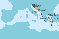 Visitando Trieste (Italia), Split (Croacia), Korcula, Croatia, Mykonos (Grecia), Rodas (Grecia), Kusadasi (Efeso/Turquía), Atenas (Grecia)